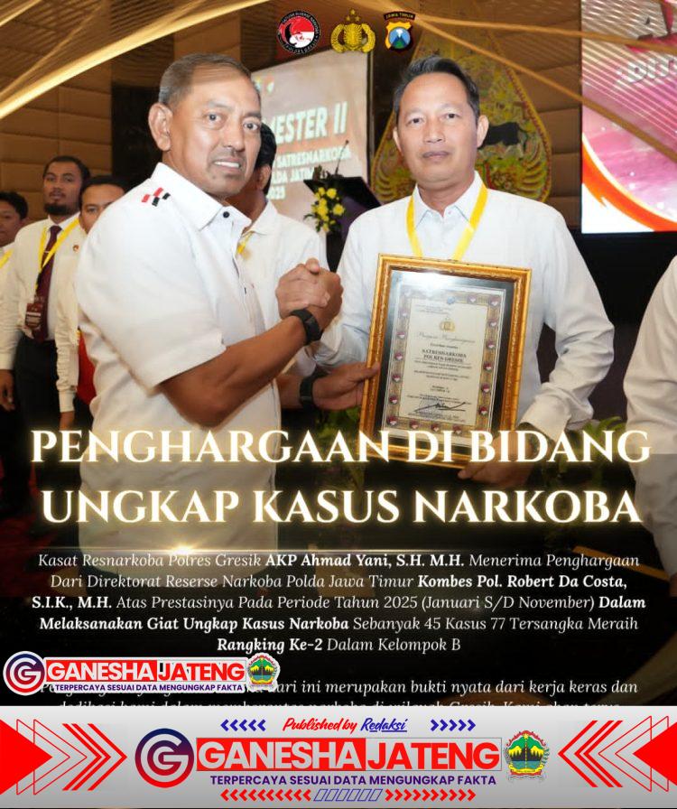 Sat Resnarkoba Polres Gresik Raih Penghargaan Polda Jatim atas Keberhasilan Ungkap Kasus Narkoba